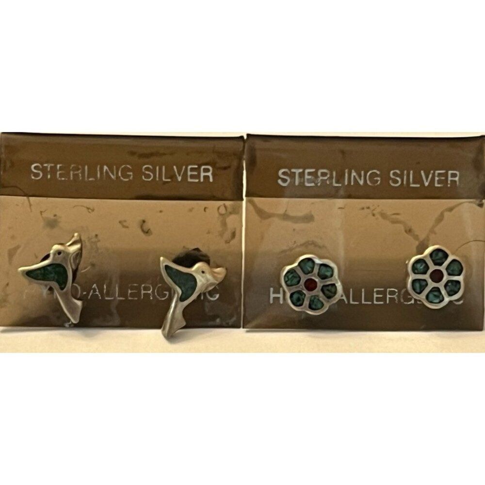 Sterling Silver Turquoise Dainty Hummingbird Stud Earrings Flower Earrings 2 PR